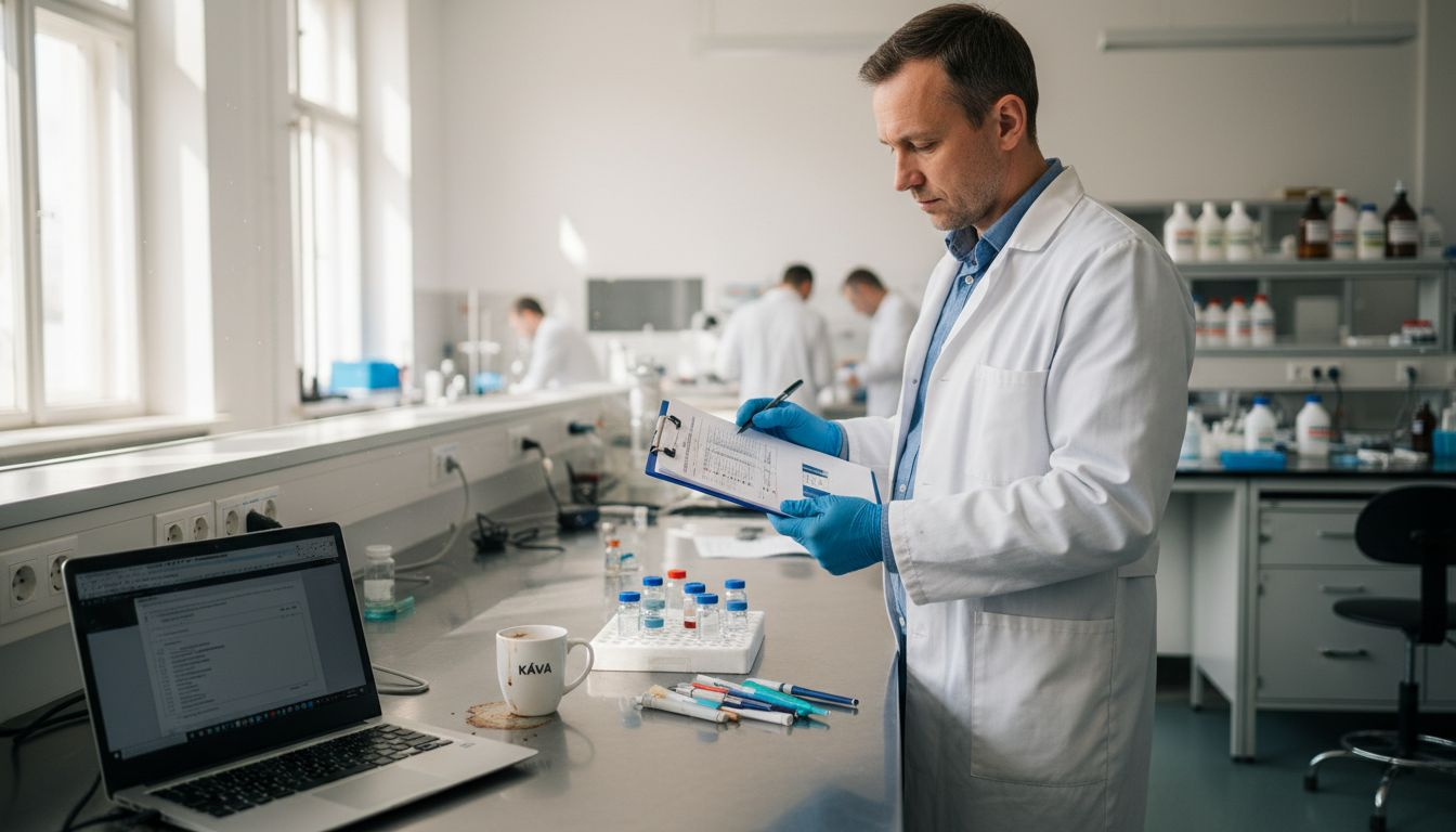 Odborník pečlivě analyzuje výsledky laboratorních testů kanabinoidů.