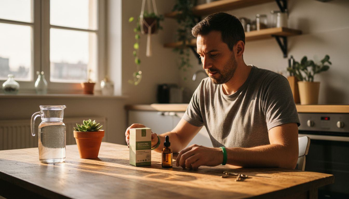 Un hombre examina una caja de aceite de CBD mientras está en la cocina.
