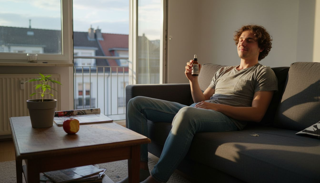 Ein Mann genießt die entspannte Atmosphäre in seinem Wohnzimmer und lässt mit Hilfe von CBD einfach mal die Seele baumeln.