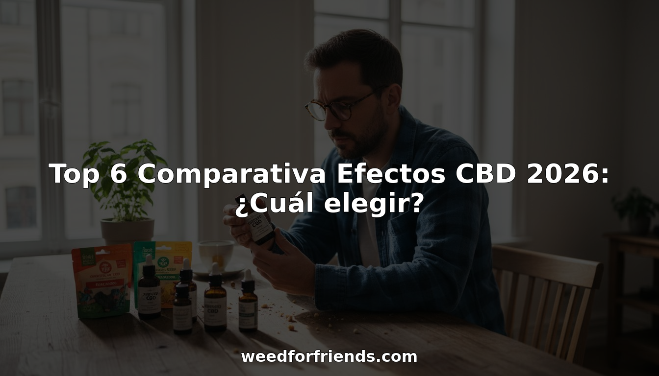 Un hombre revisa diferentes productos de CBD sobre la mesa de su cocina, decidiendo cuál probar.