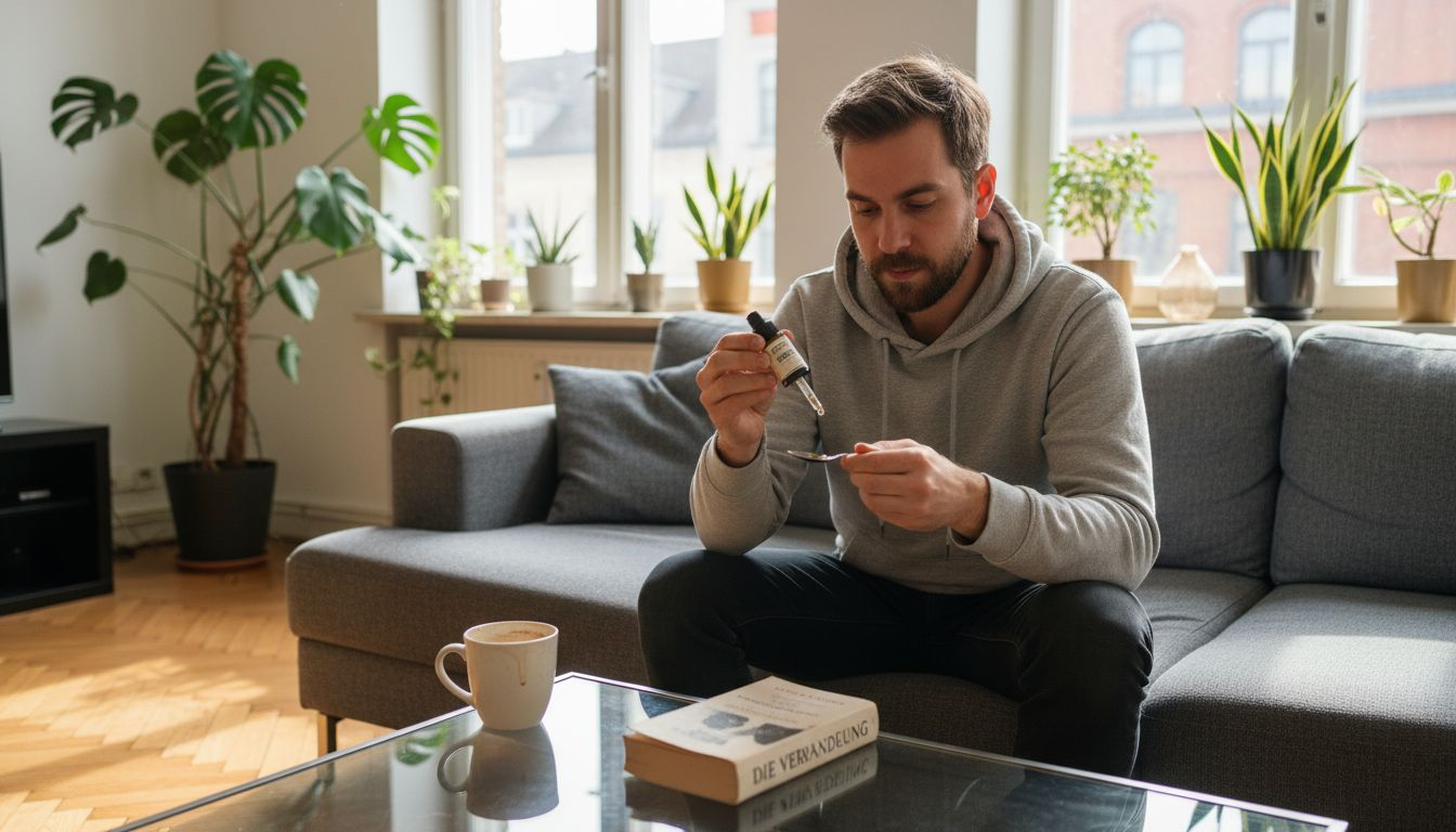 Ein Mann bereitet zuhause eine Dosis Cannabinoid-Öl vor.