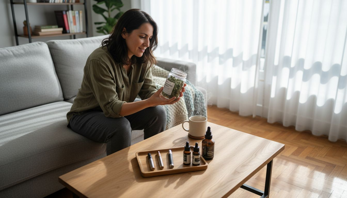 Mujer revisando cannabis en casa para cuidar su bienestar