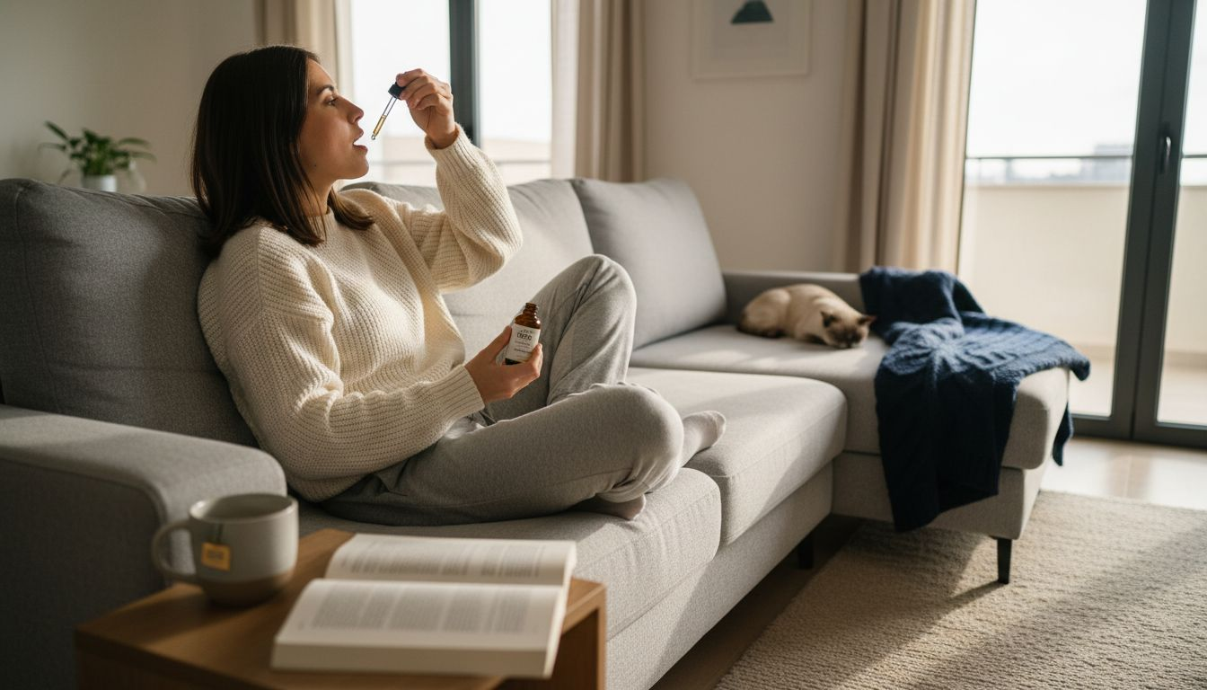 Mujer relajándose en casa mientras toma aceite de CBD