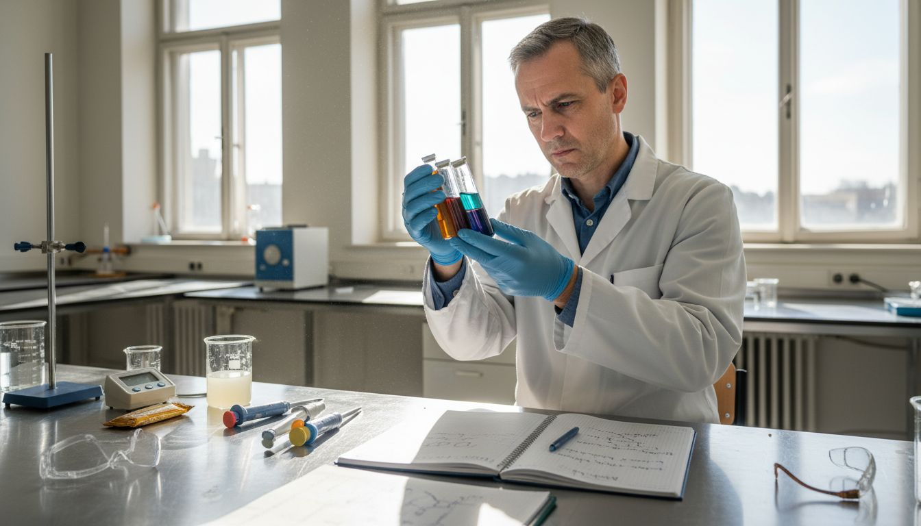 Chemik provádí výzkum kanabinoidů v univerzitní laboratoři.