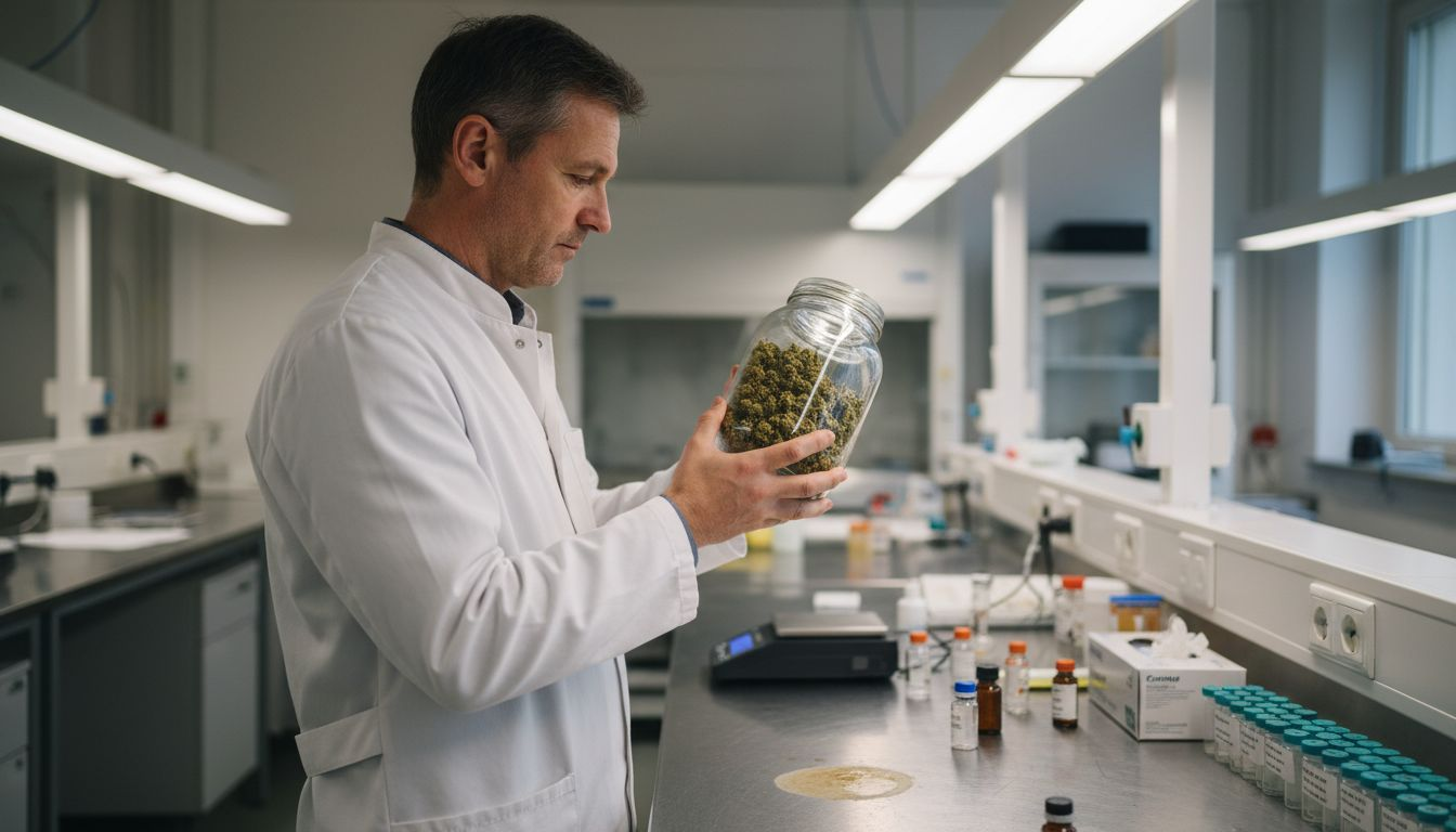 Ein Laborant prüft die Probenbehälter mit Cannabis auf ihre Qualität und Sicherheit.