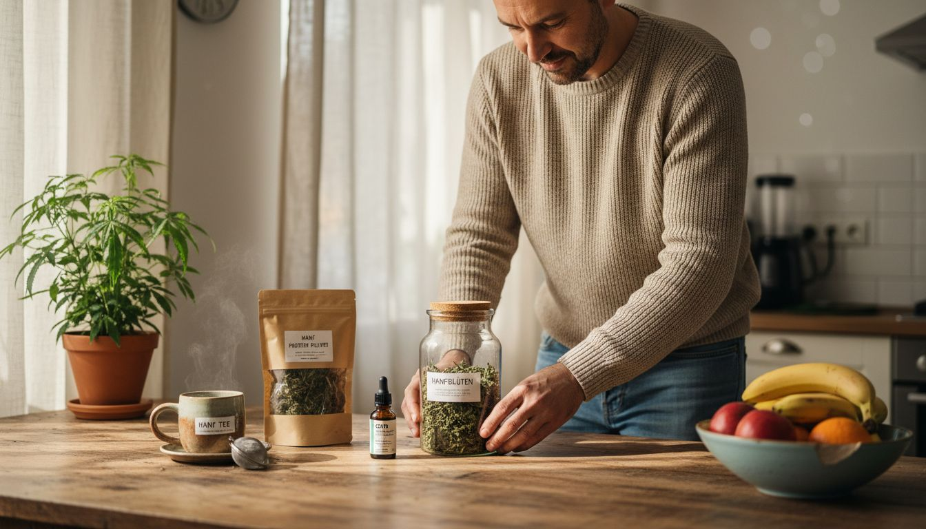 Jemand sortiert verschiedene Hanfprodukte auf einem Holztisch und arrangiert sie ansprechend.