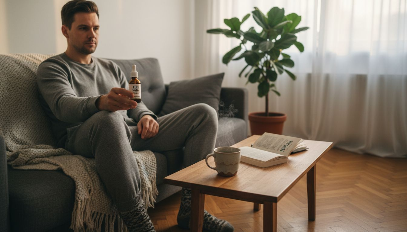 Muž si doma užívá pohodu s CBD olejem.