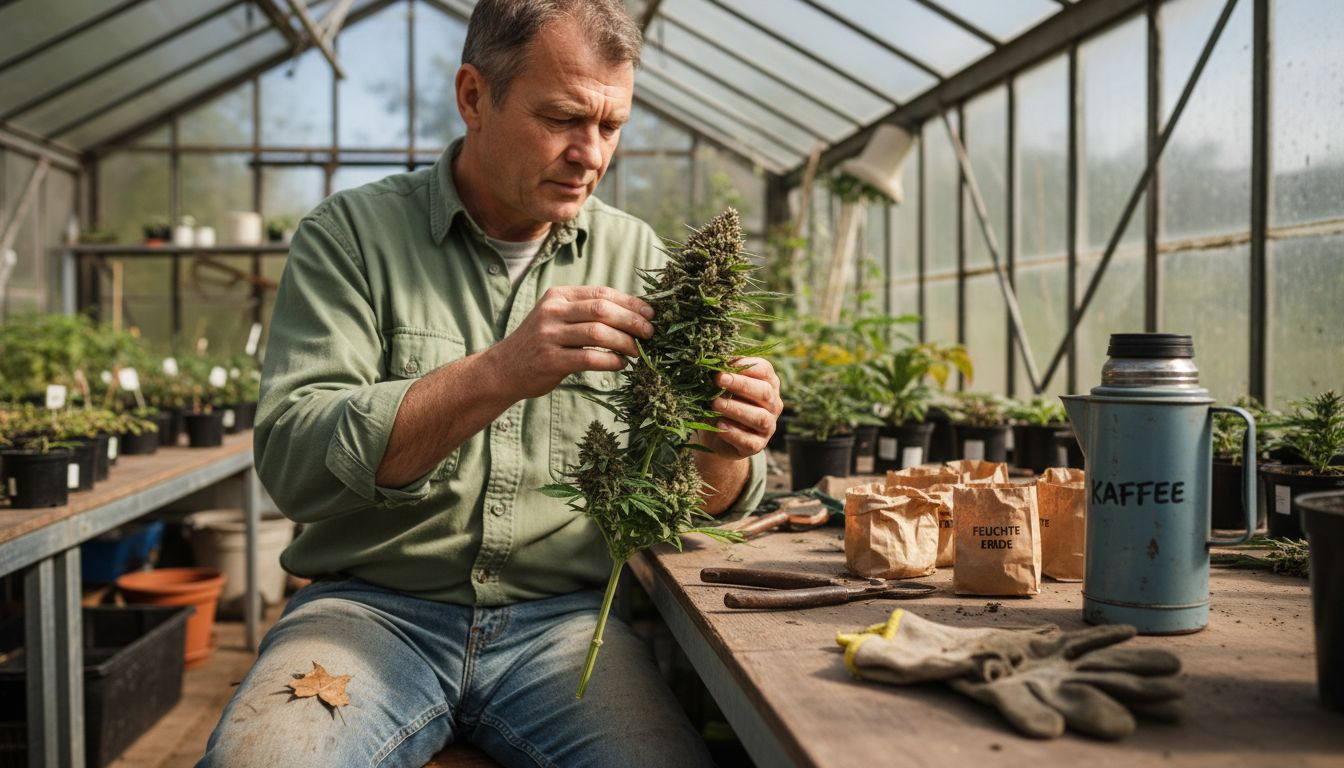 Ein Botaniker begutachtet die CBD-reichen Hanfblüten im Gewächshaus.