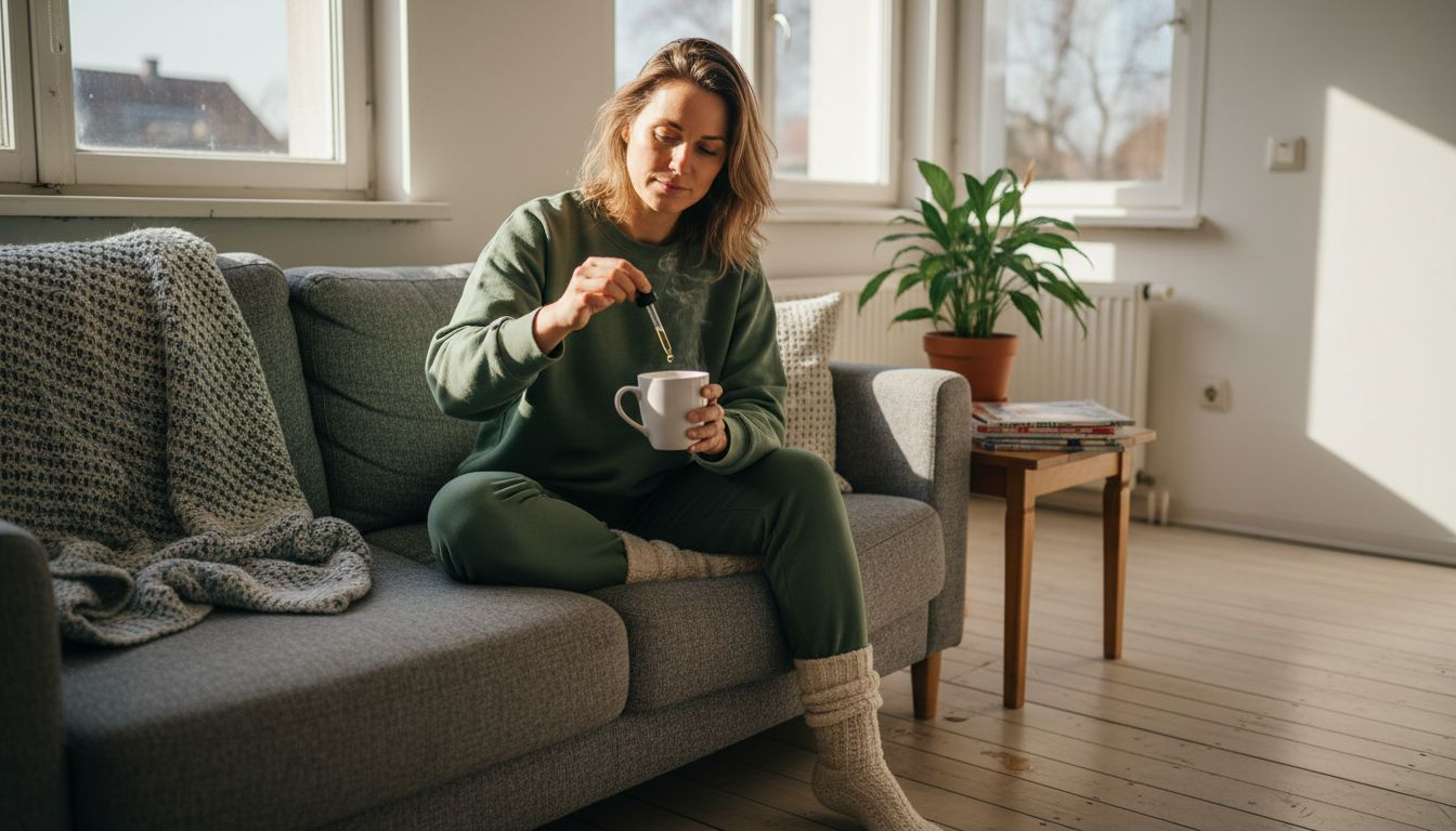 Žena si v pohodlí svého bytu dopřává chvíli klidu s CBD olejem.