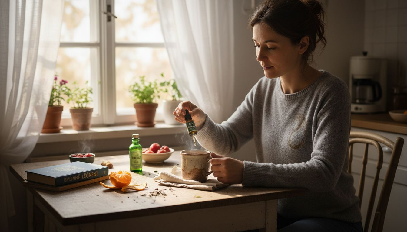 Žena si v kuchyni přidává do čaje konopný olej.