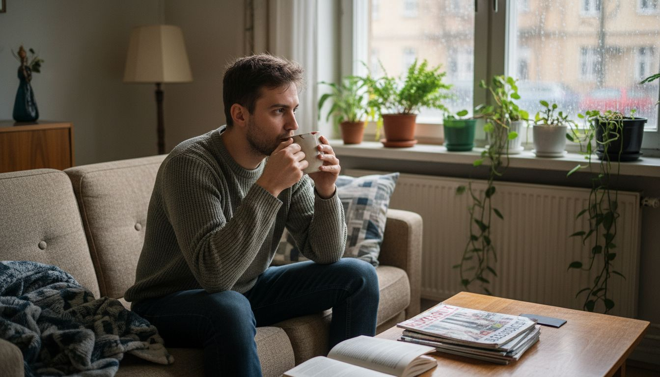 Mladý muž si v obýváku v klidu vychutnává šálek čaje.