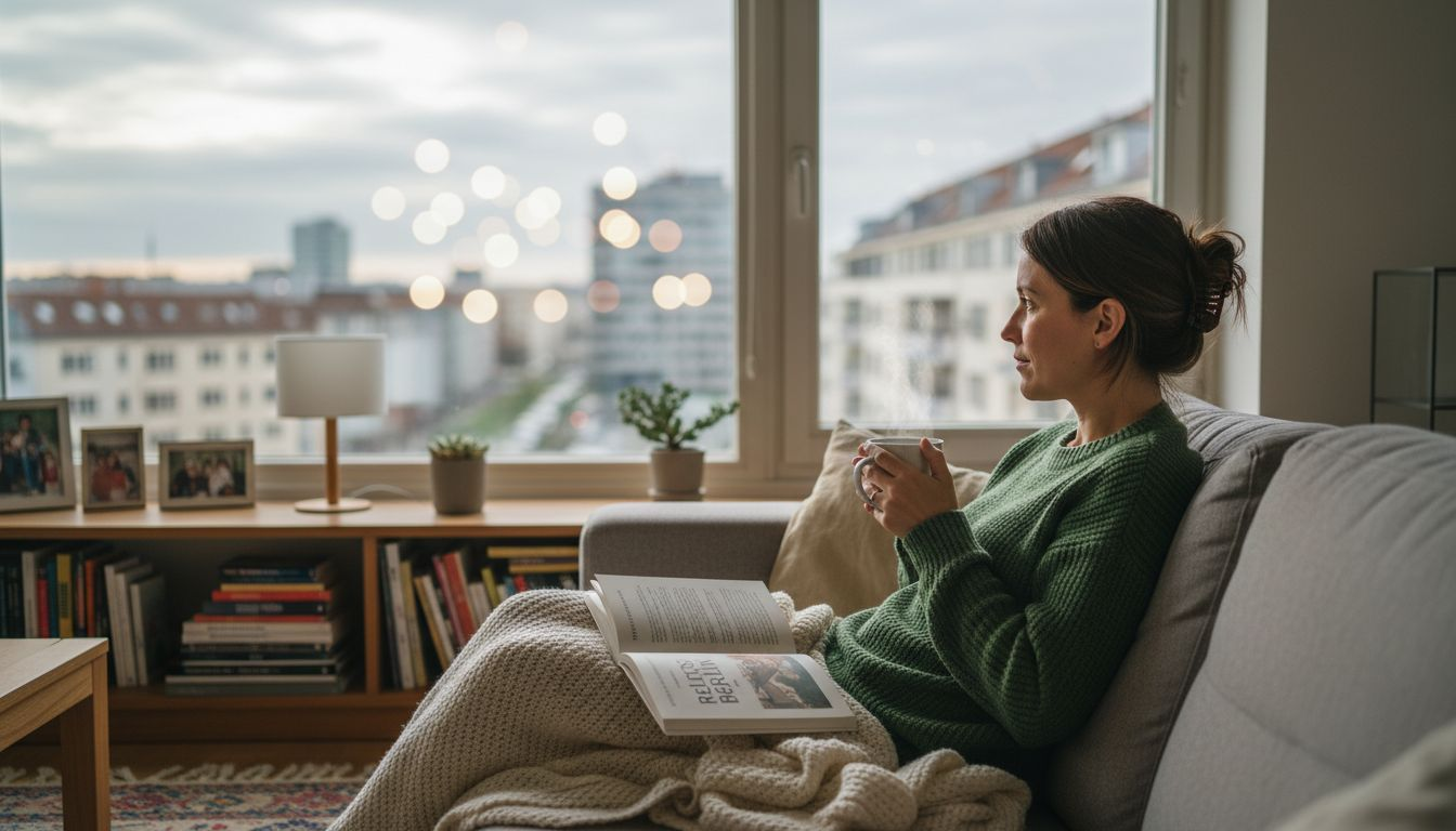 Mujer disfrutando de una tarde tranquila en casa, con una taza de té y un buen libro en las manos.