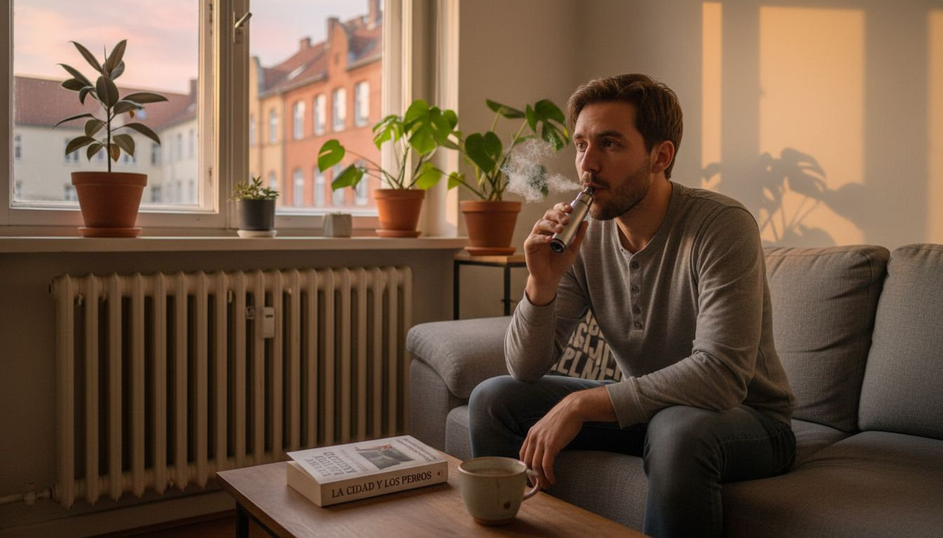Un hombre disfruta de un momento de tranquilidad vapeando CBD en la comodidad de su apartamento.