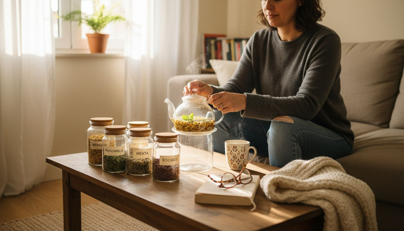 Una mujer prepara una infusión de hierbas en casa para relajarse y disfrutar de un momento tranquilo.