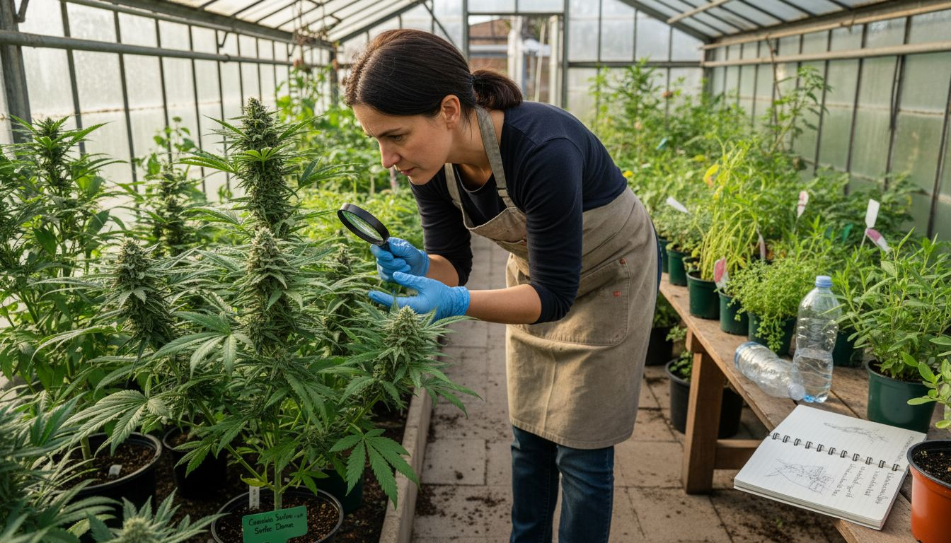 Ein Botaniker untersucht die Trichome einer Cannabispflanze ganz genau.