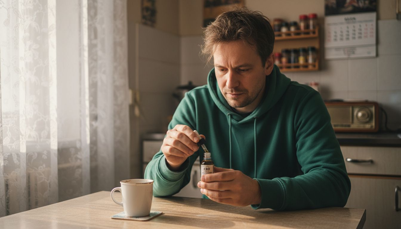 Muž si v kuchyni prohlíží lahvičku s CBD olejem.