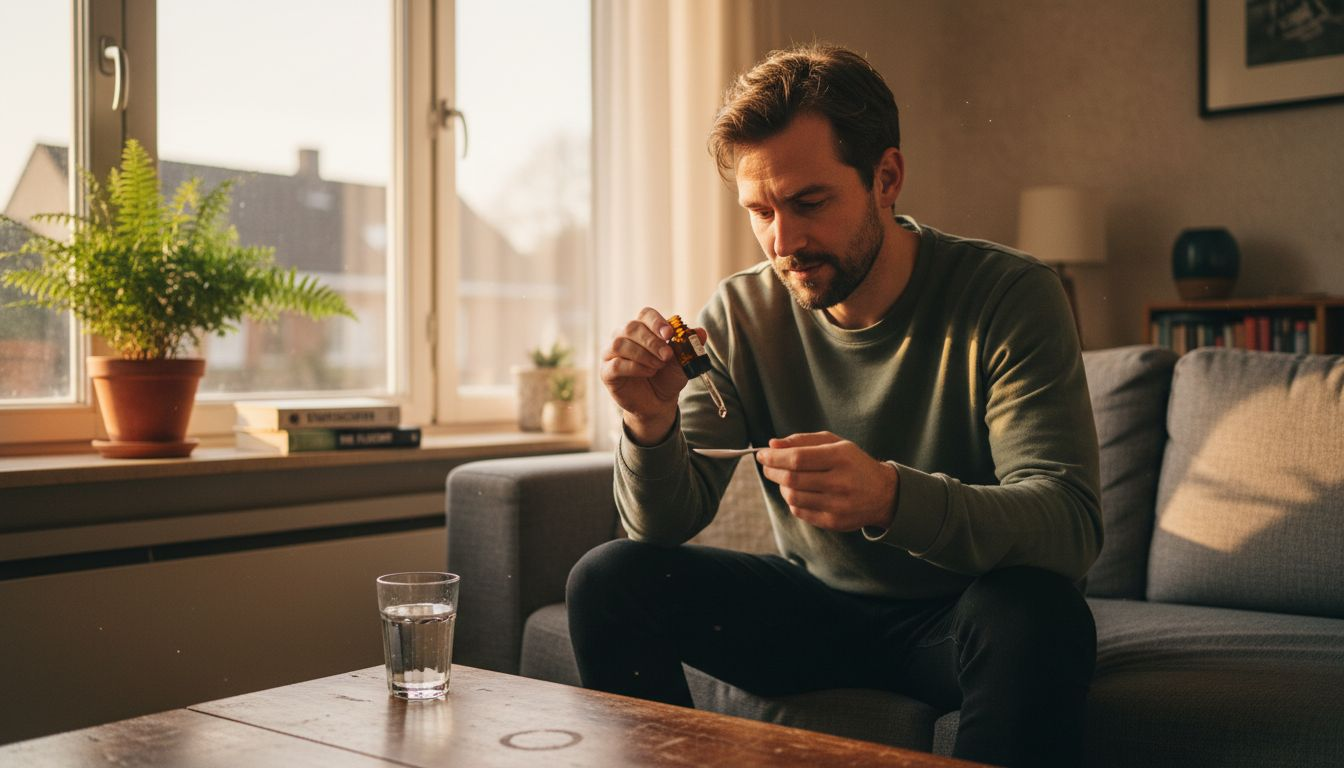 Ein Mann tropft sich CBD-Öl im Wohnzimmer unter die Zunge.