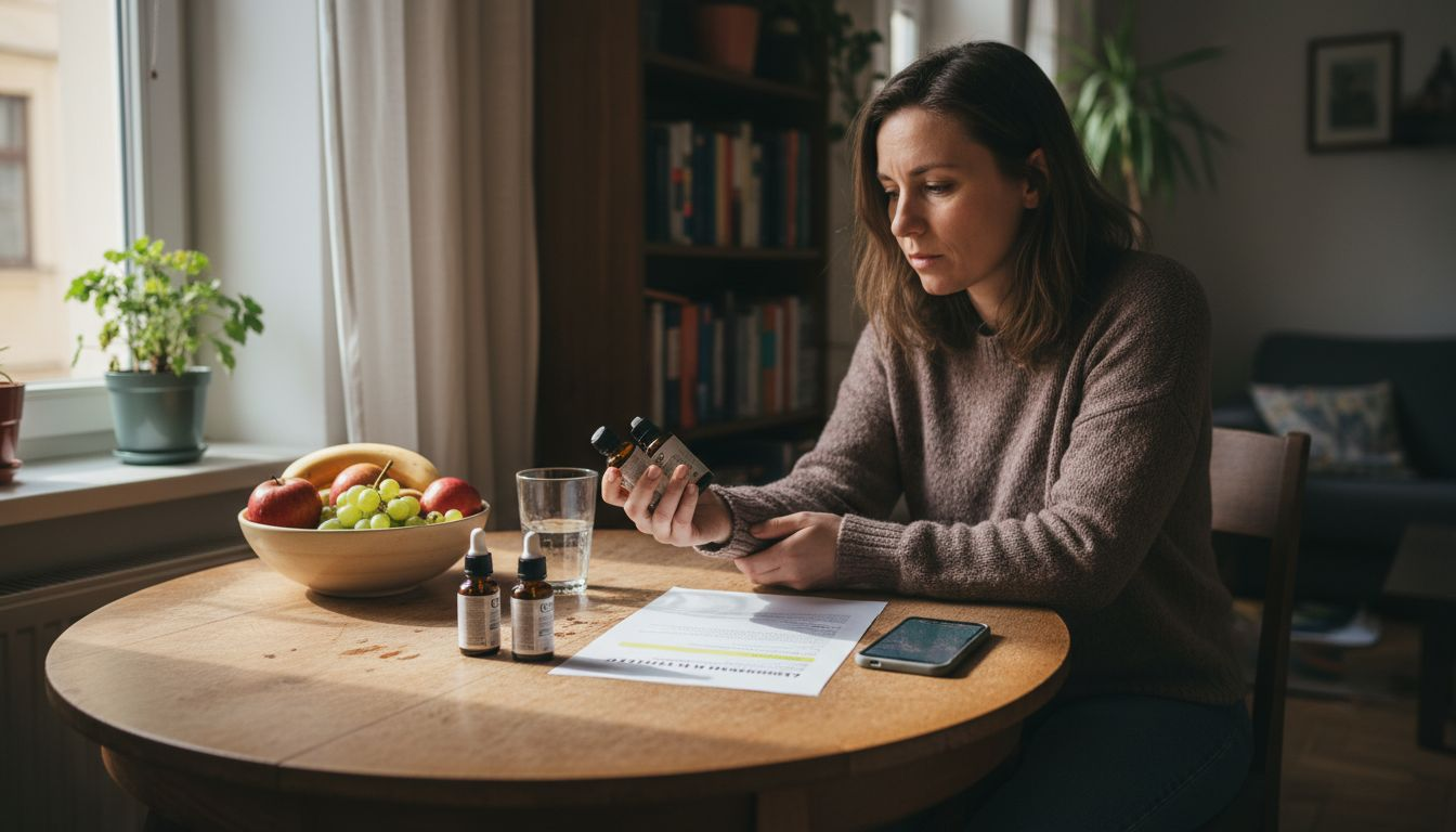 Žena sedí u kuchyňského stolu a porovnává různé CBD oleje, přemýšlí, který by jí nejvíc vyhovoval.