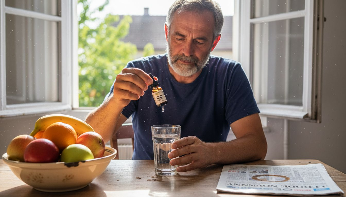 Muž si v kuchyni odkapává kapky CBD oleje.