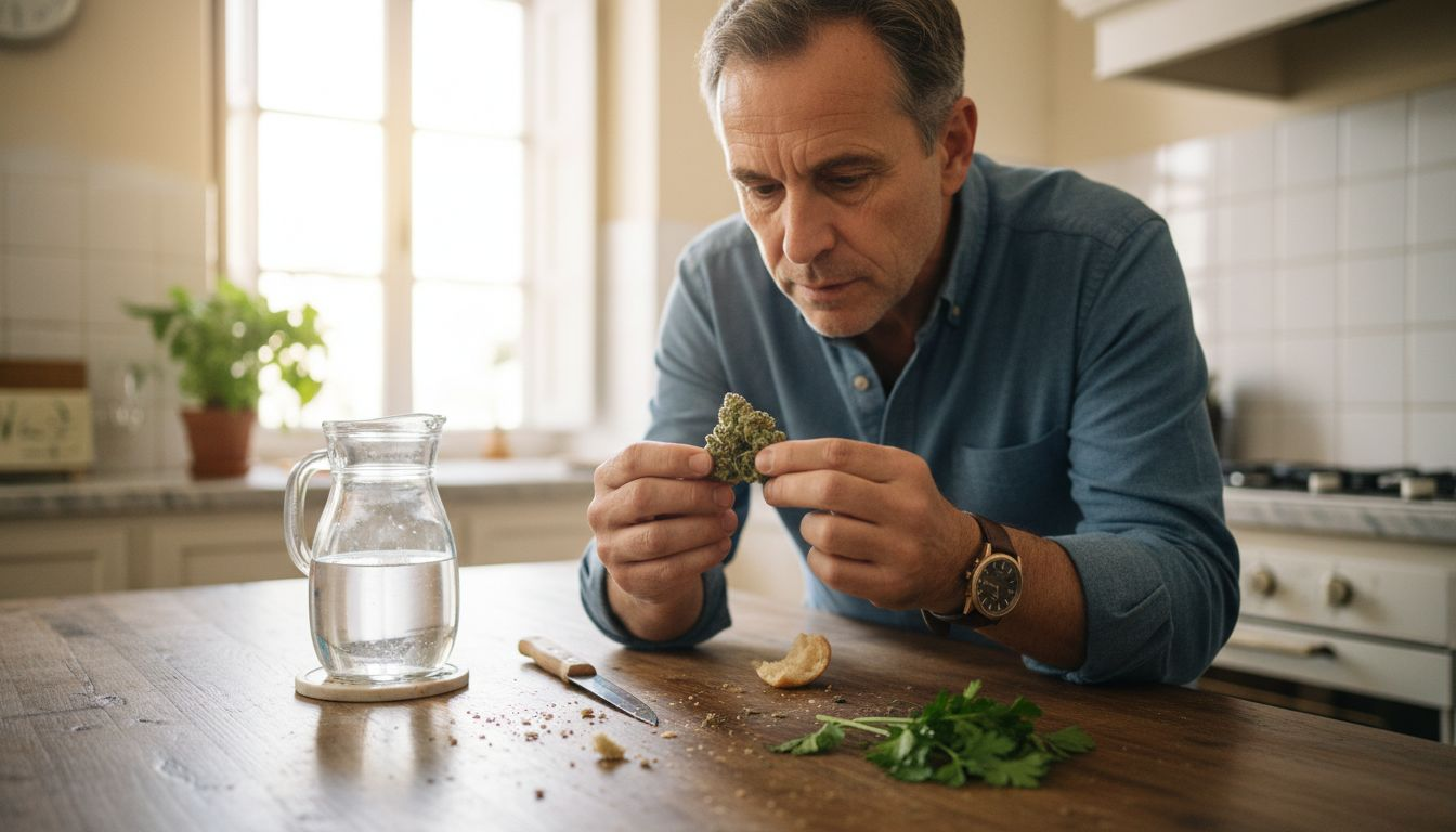 Un hombre observa detenidamente una flor de CBD mientras está en la cocina.