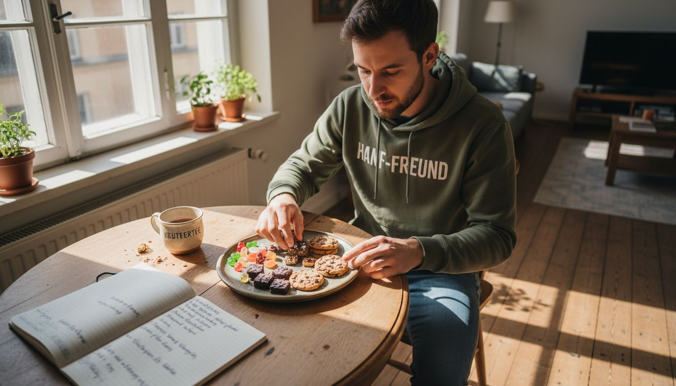 Ein Mann stöbert bei Tageslicht an einem sonnendurchfluteten Tisch durch verschiedene Cannabis-Edibles und überlegt, welche er auswählen soll.