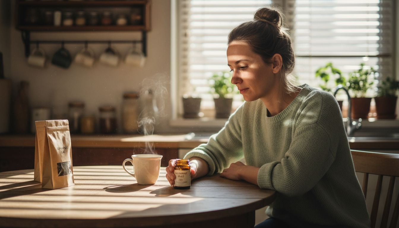 Žena si u kuchyňského stolu pečlivě prohlíží lahvičku s konopným olejem.