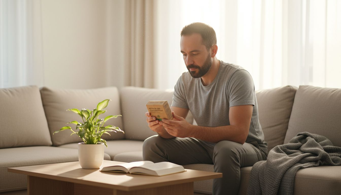 Un hombre tranquilo revisa en su salón las características de un producto de CBD.