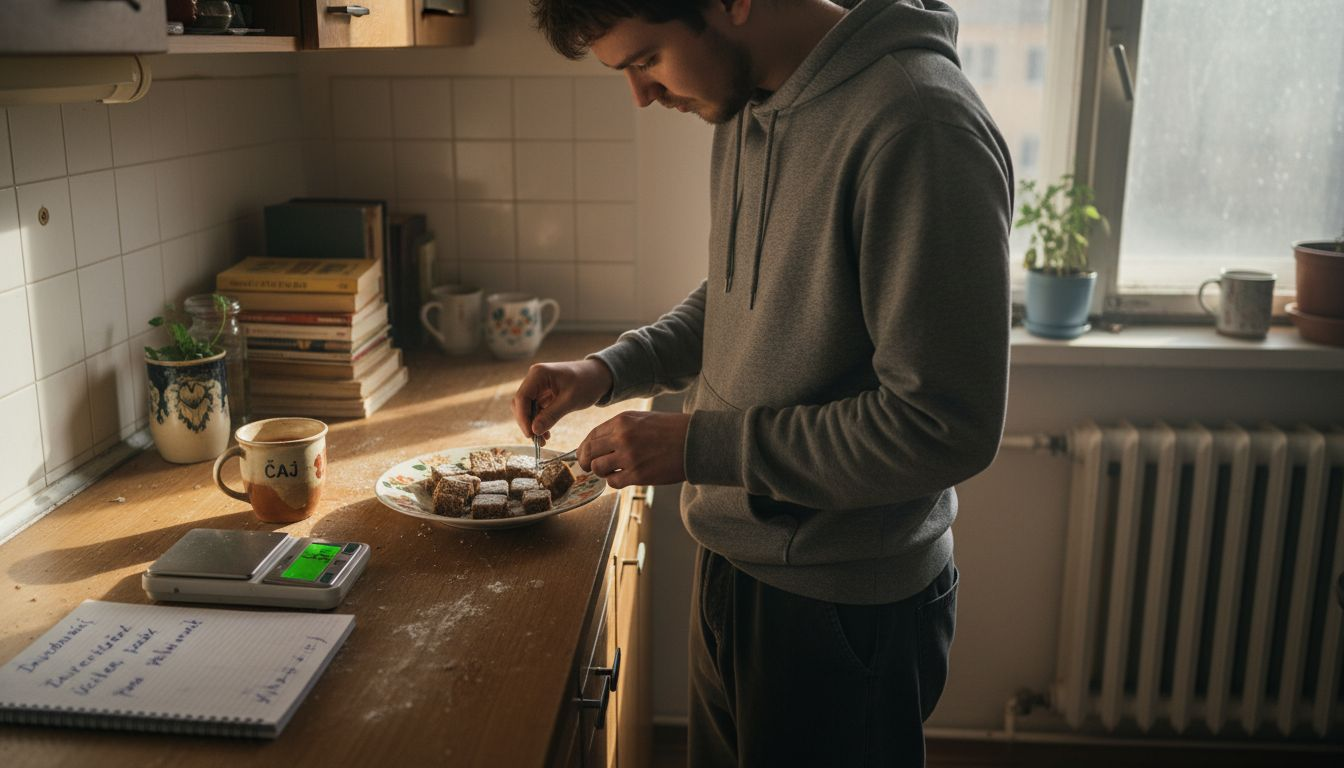 Člověk, který doma v kuchyni připravuje jedlé produkty