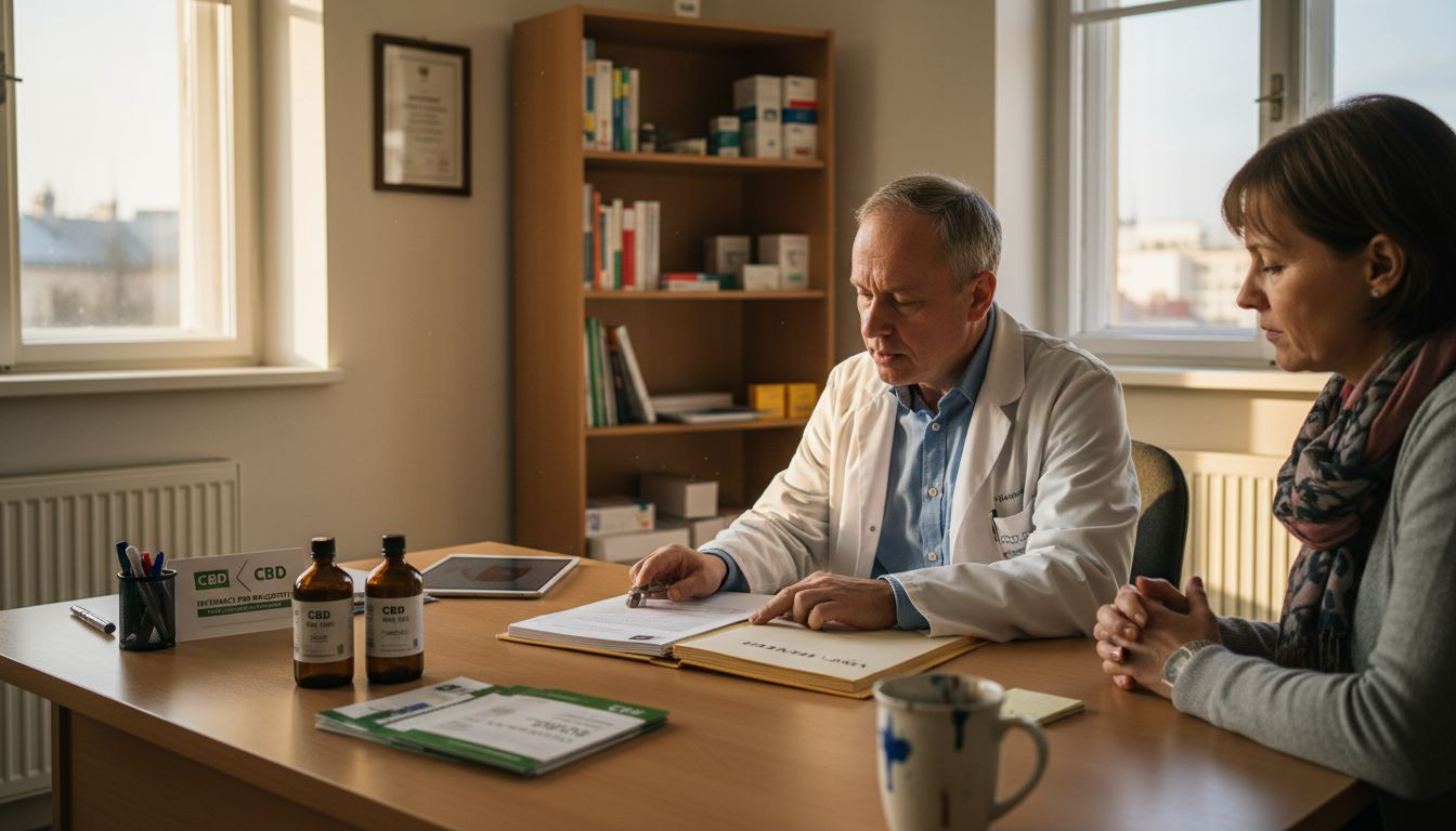 Lékárník konzultuje s pacientem možnosti užívání CBD a radí mu, na co si dát pozor.