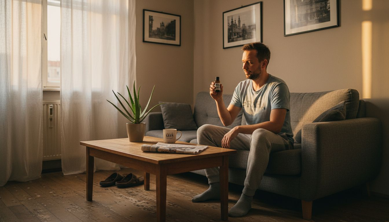 Muž si doma užívá zasloužený odpočinek s lahvičkou CBD oleje v ruce.