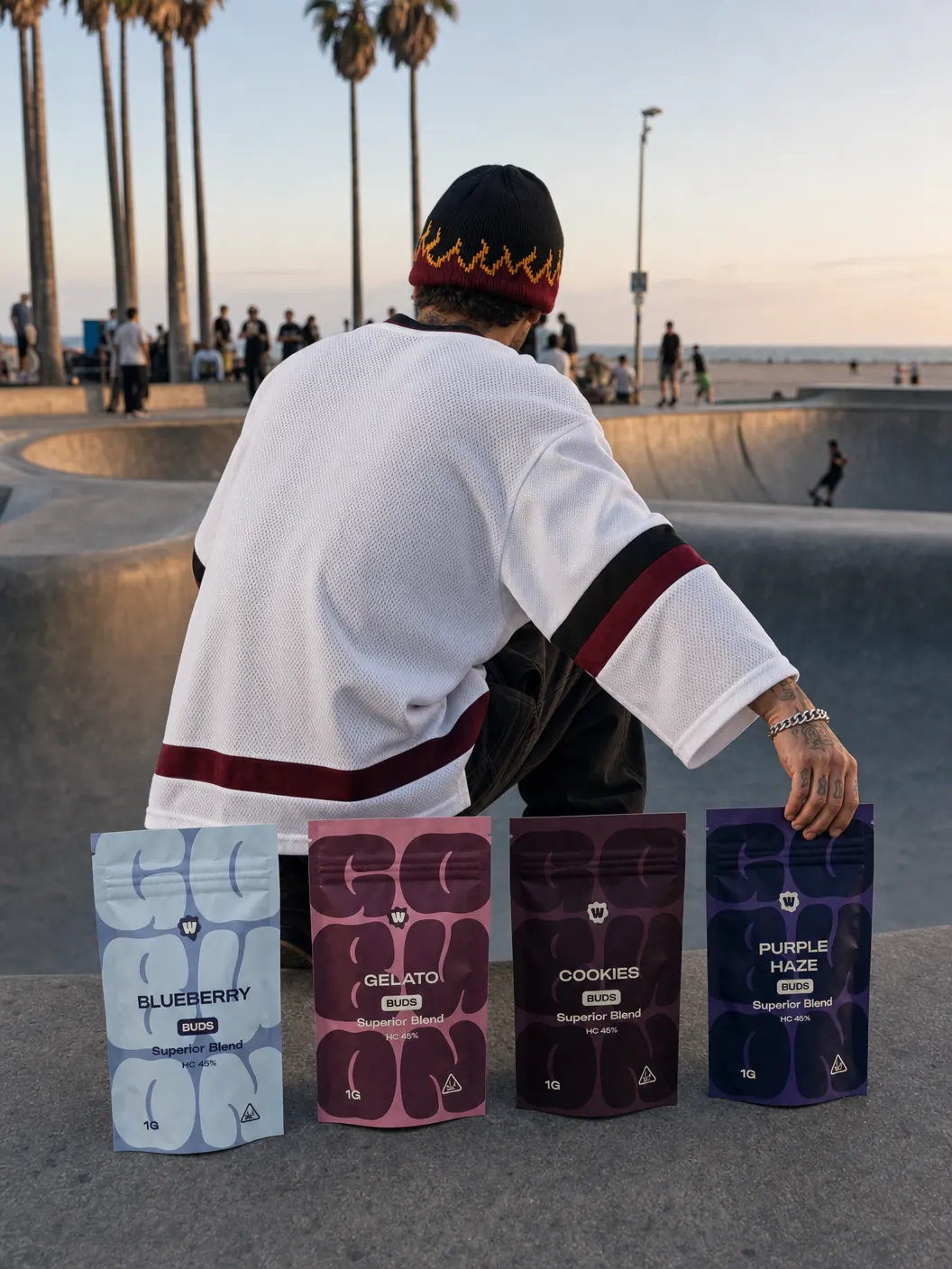 Skater at Venice Beach skatepark with Weedforfriends pouches