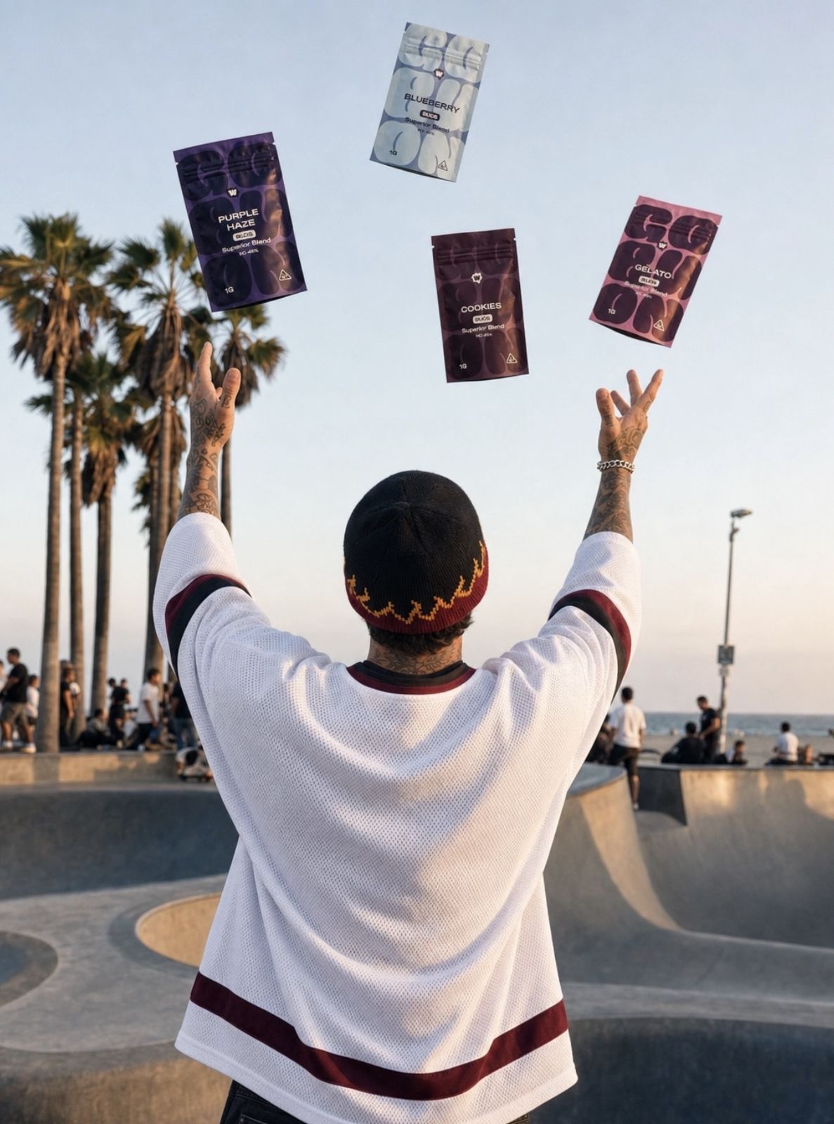 Skater throwing Weedforfriends pouches at Venice Beach skatepark