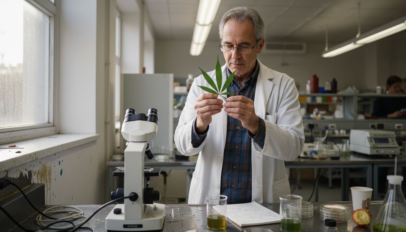 Scientist examining cannabis leaf in research lab