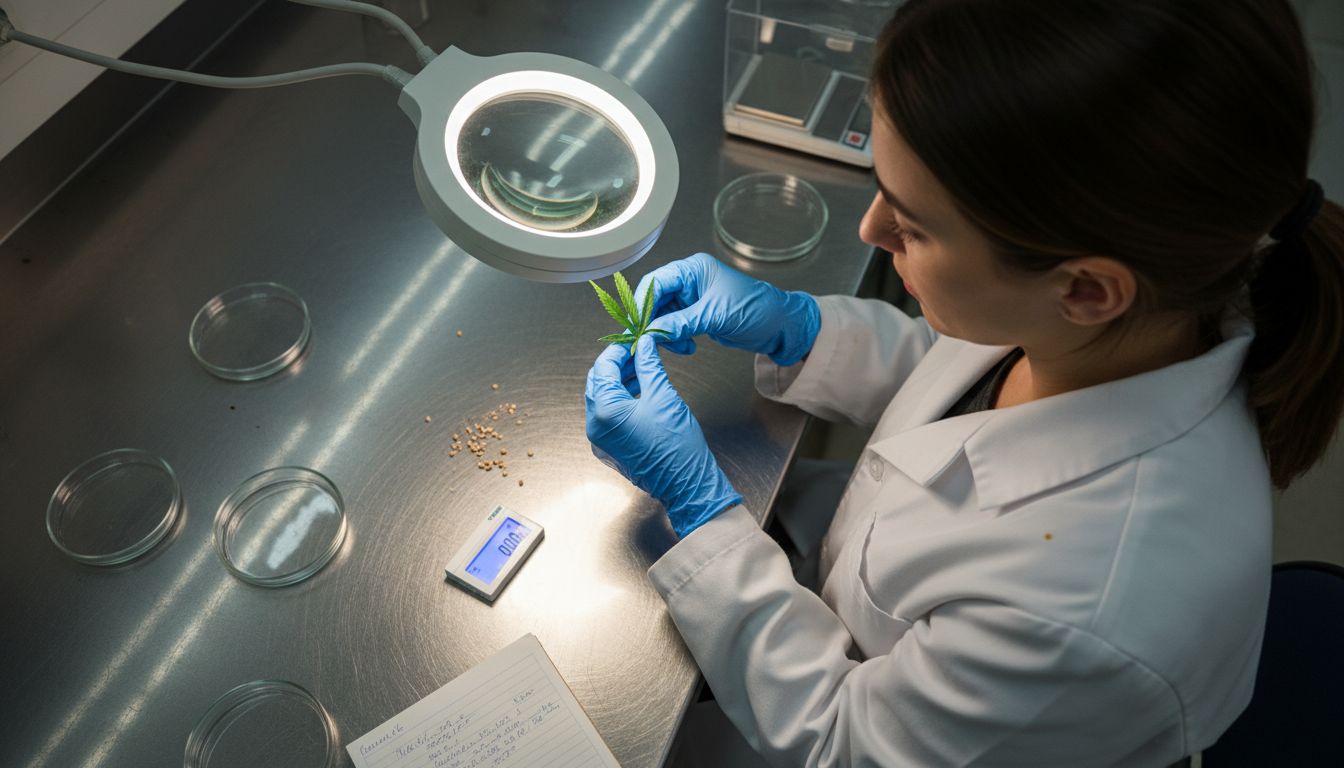 Lab technician examining fresh hemp leaf