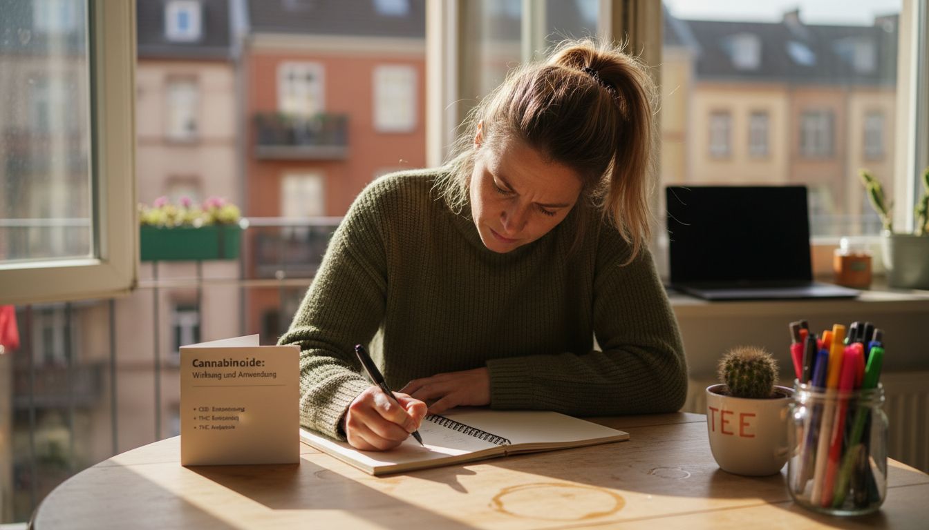Eine Frau informiert sich am heimischen Küchentisch über Cannabinoide.