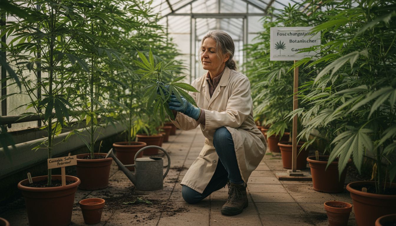 Ein Botaniker betrachtet die Blätter einer Hanfpflanze ganz genau und untersucht sie sorgfältig.