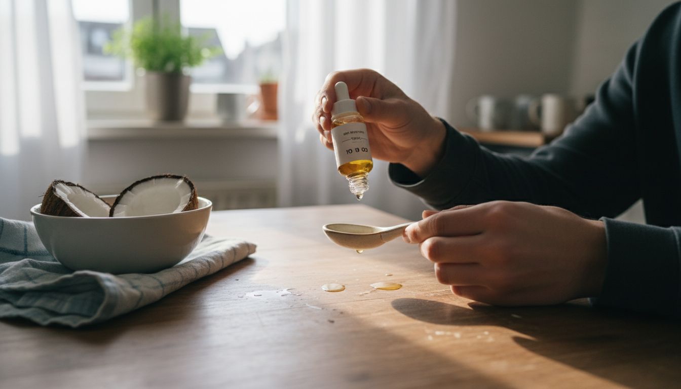 CBD-Öl mit Kokosnuss wird auf den Tisch gegossen.