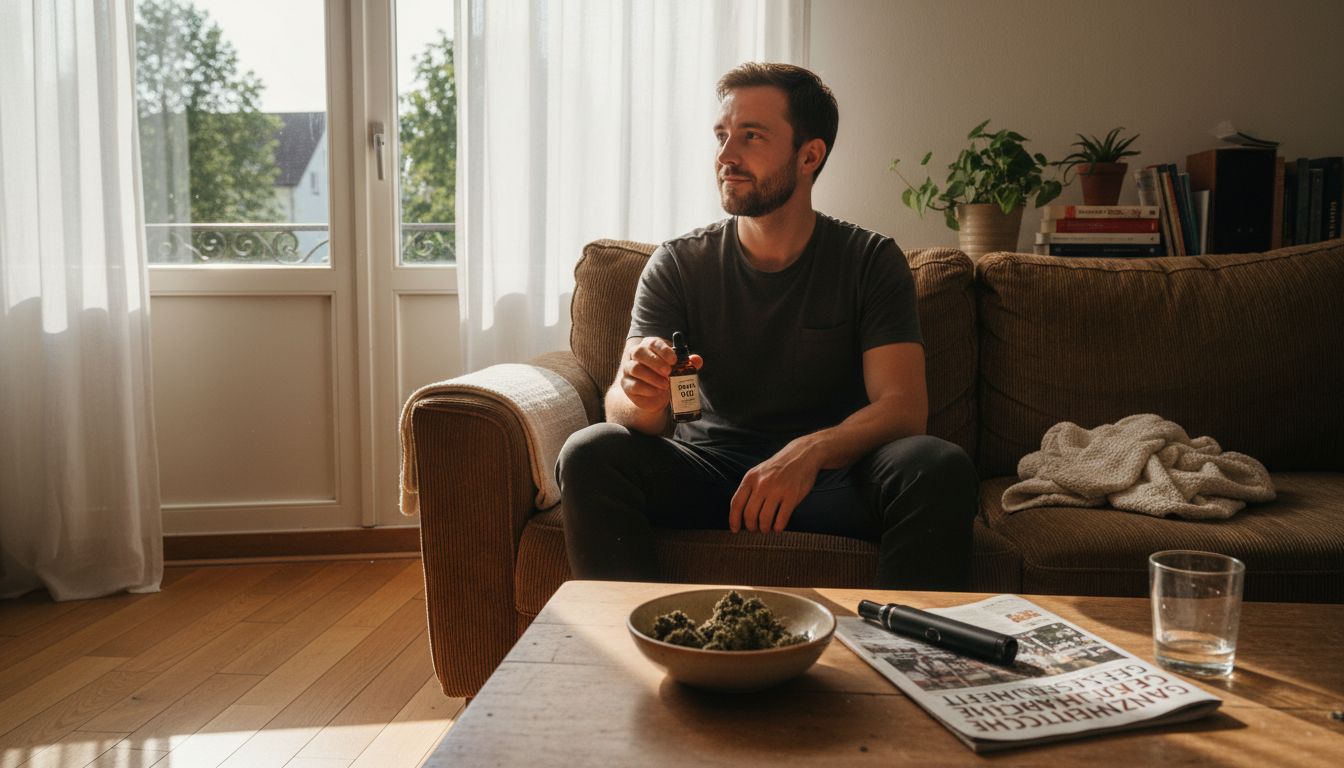 Ein Mann genießt entspannt die wohltuende Wirkung von CBD-Öl in seinem hellen Wohnzimmer.