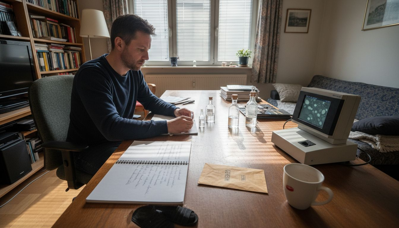 Ein Mann beschäftigt sich an seinem Schreibtisch zu Hause intensiv mit verschiedenen Cannabinoid-Proben.