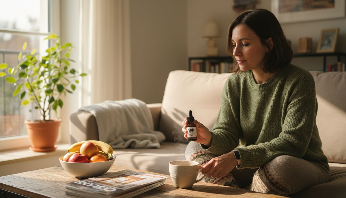 Žena si doma dopřává chvíli klidu s šálkem čaje a kapkami CBD oleje.