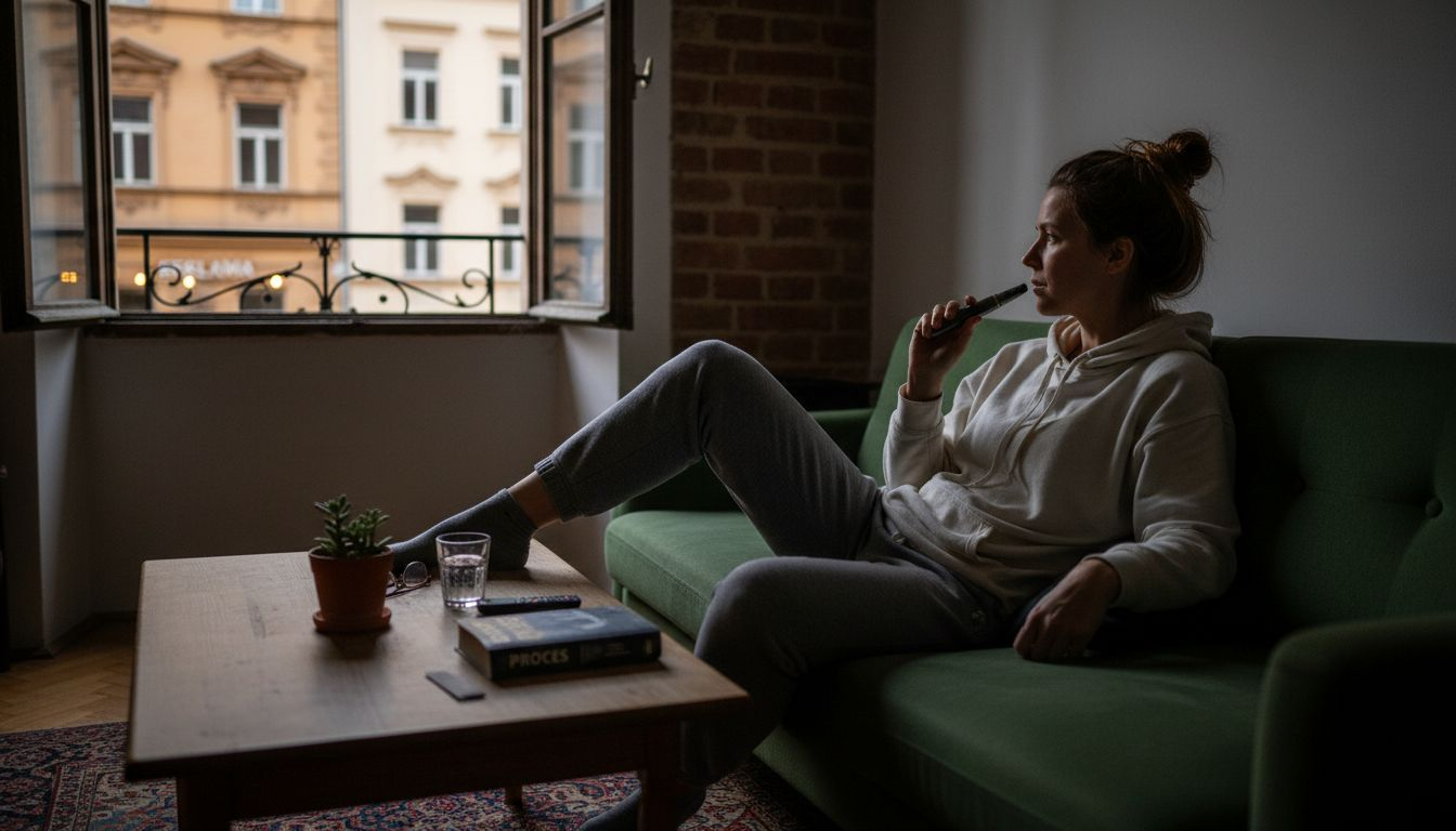 Žena si doma dopřává CBD vapování, aby se zbavila stresu a uvolnila se.