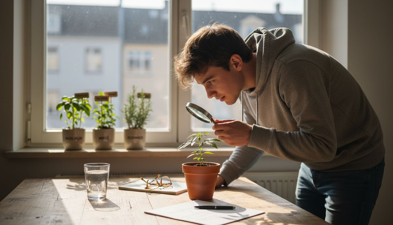 Eine junge Erwachsene sitzt am Schreibtisch und beschäftigt sich intensiv mit der Cannabispflanze.