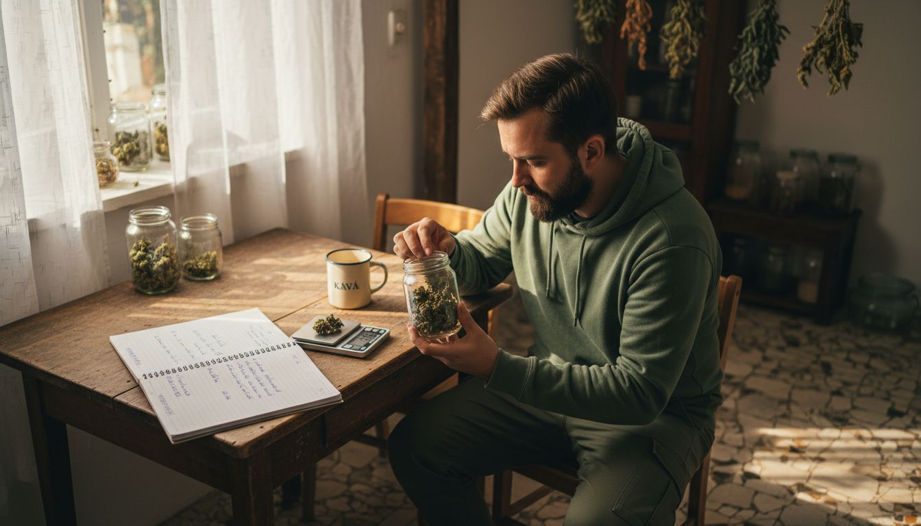 Muž si u slunečně osvětleného stolu pečlivě prohlíží prémiové květy konopí.