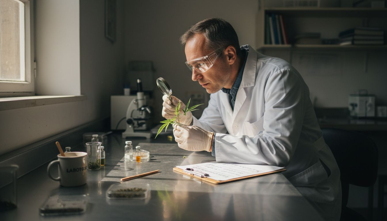 Odborník detailně zkoumá rostlinu konopí lupou.