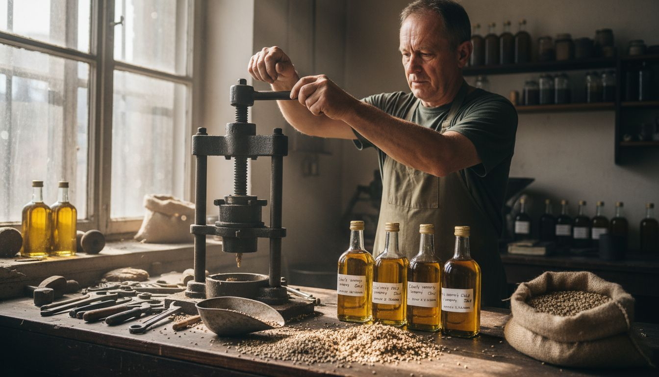 Technik právě lisuje konopná semínka, aby z nich získal olej.