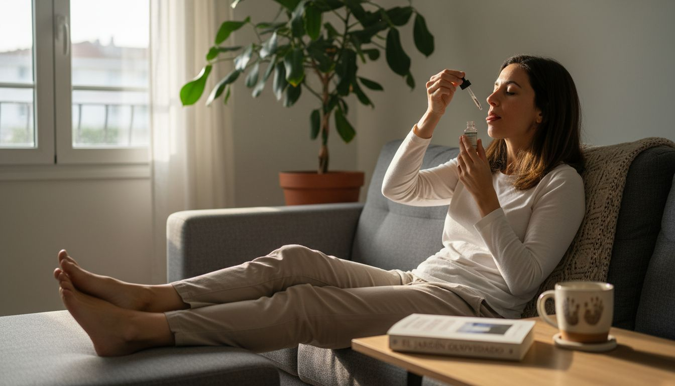 Una mujer se encuentra en su hogar mientras toma un suplemento de CBD como parte de su rutina diaria de bienestar.