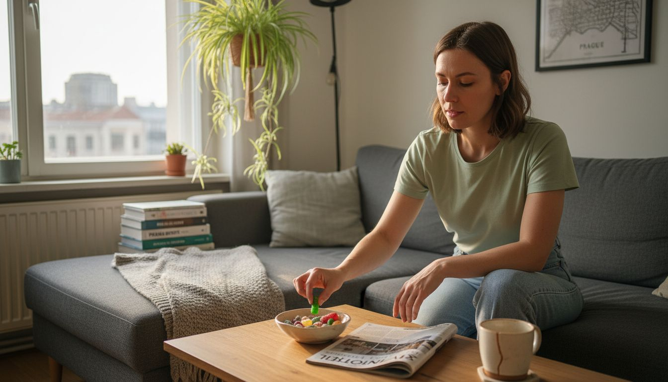 Žena si v prosluněném obýváku dopřává CBD pochoutku.
