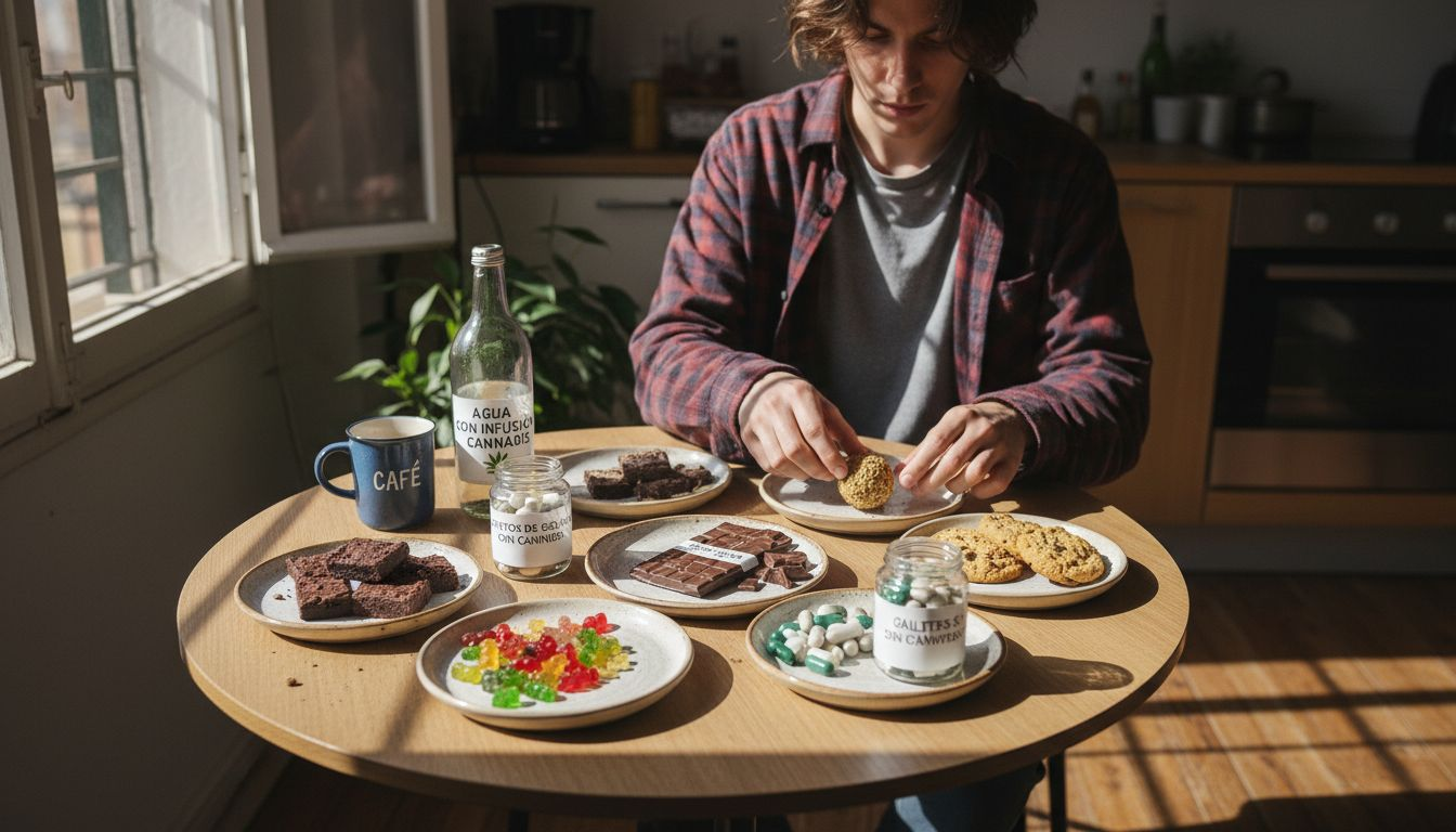 Una persona organizando diferentes comestibles de cannabis sobre la mesa.