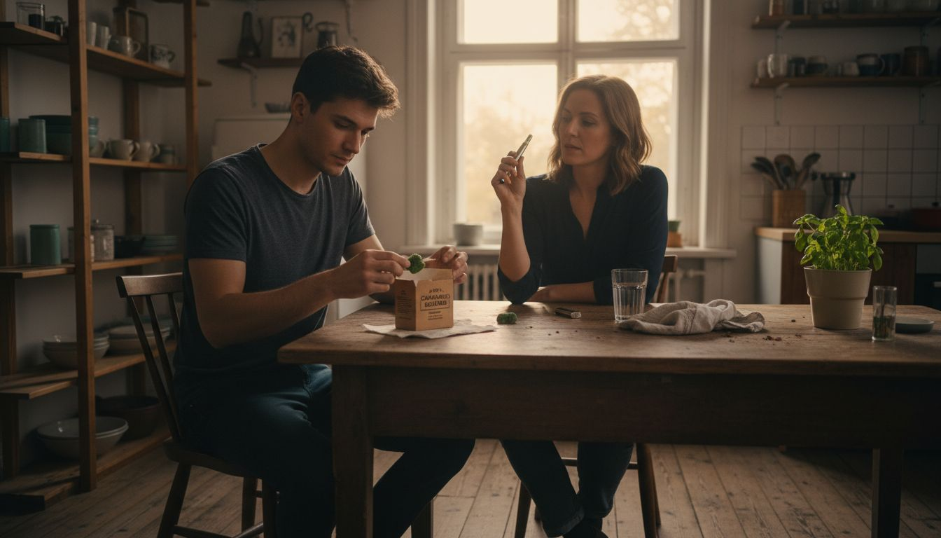 Zwei Leute stehen in der Küche, einer hat einen Vape-Pen, der andere nascht an Edibles.