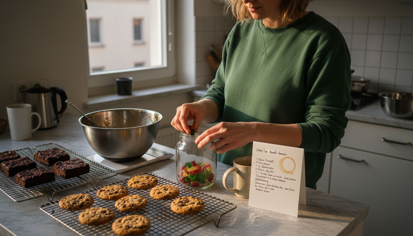 Eine Frau verstaut selbstgemachte Cannabis-Snacks ordentlich in ihrer Küche.